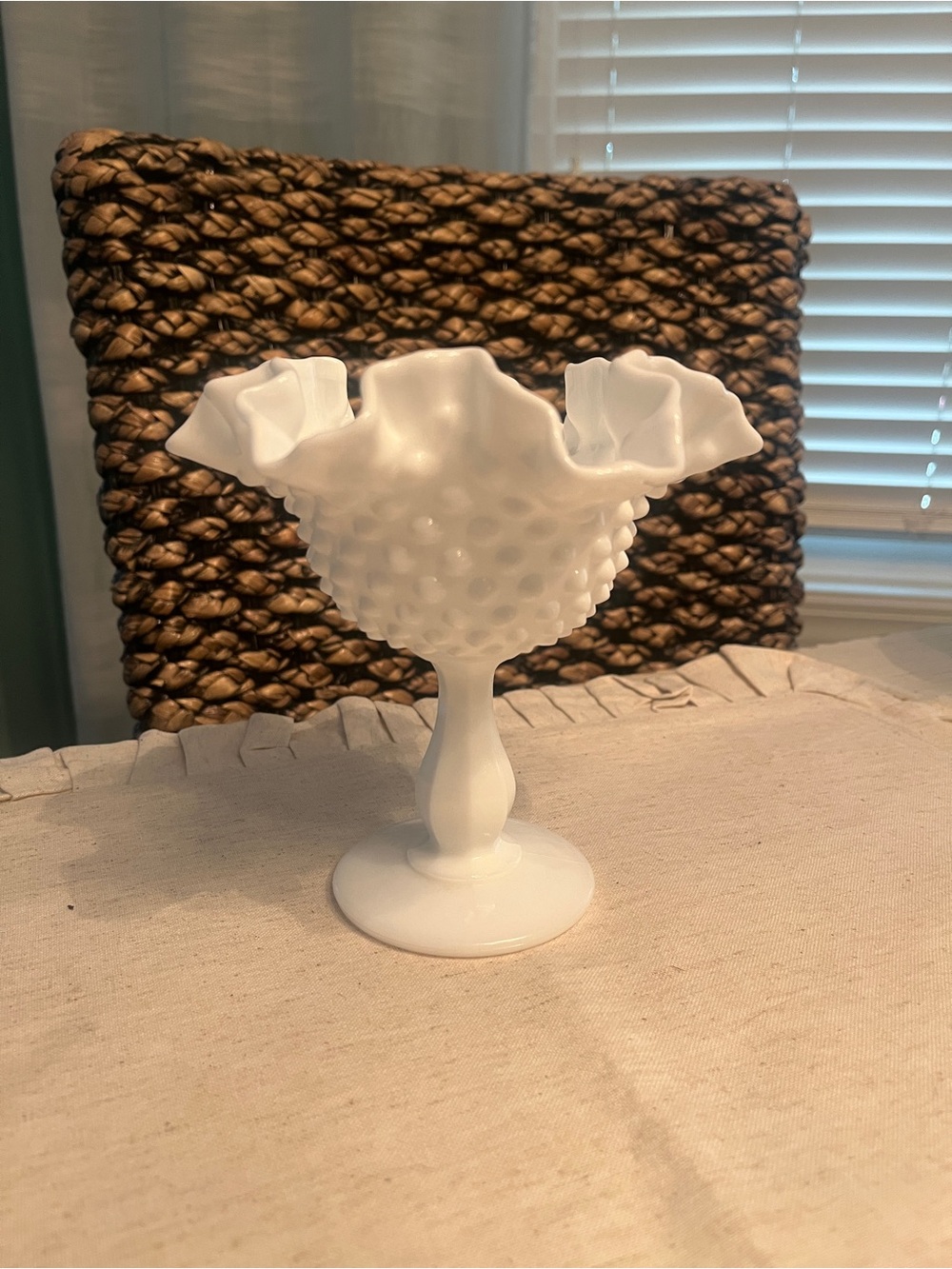 Vintage Fenton White Hobnail Ruffled Compote